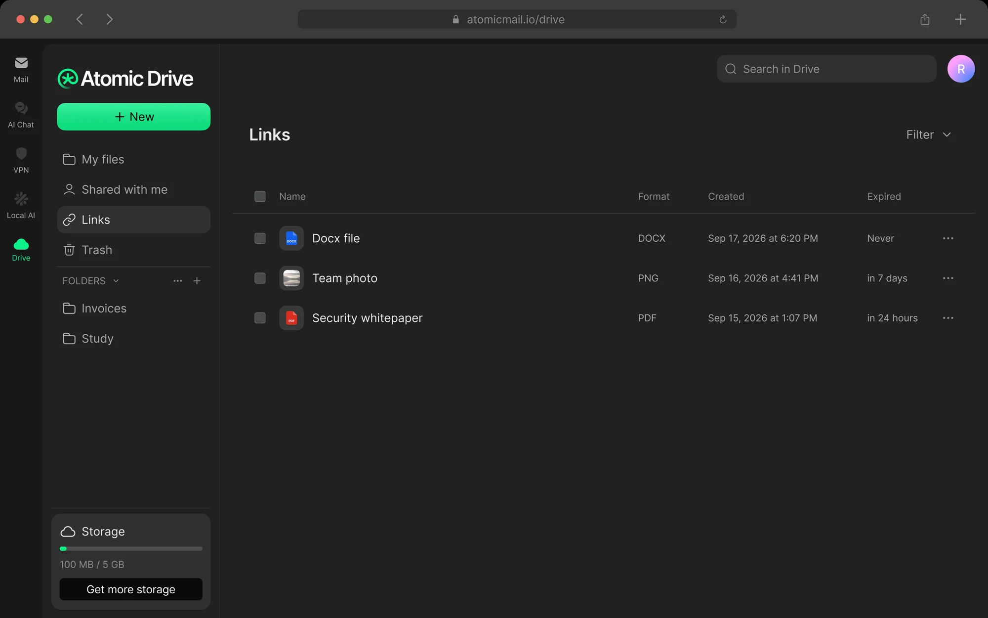 Links section of Atomic Drive showing three shared files and when each link expires