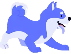 A blue and white dog running with its mouth open.
