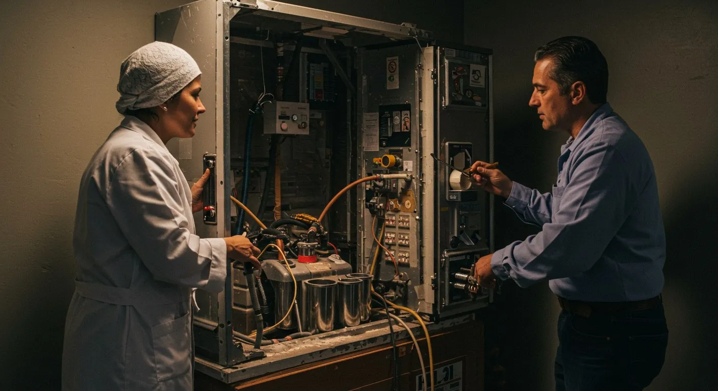 Two technicians inspecting a complex machine.