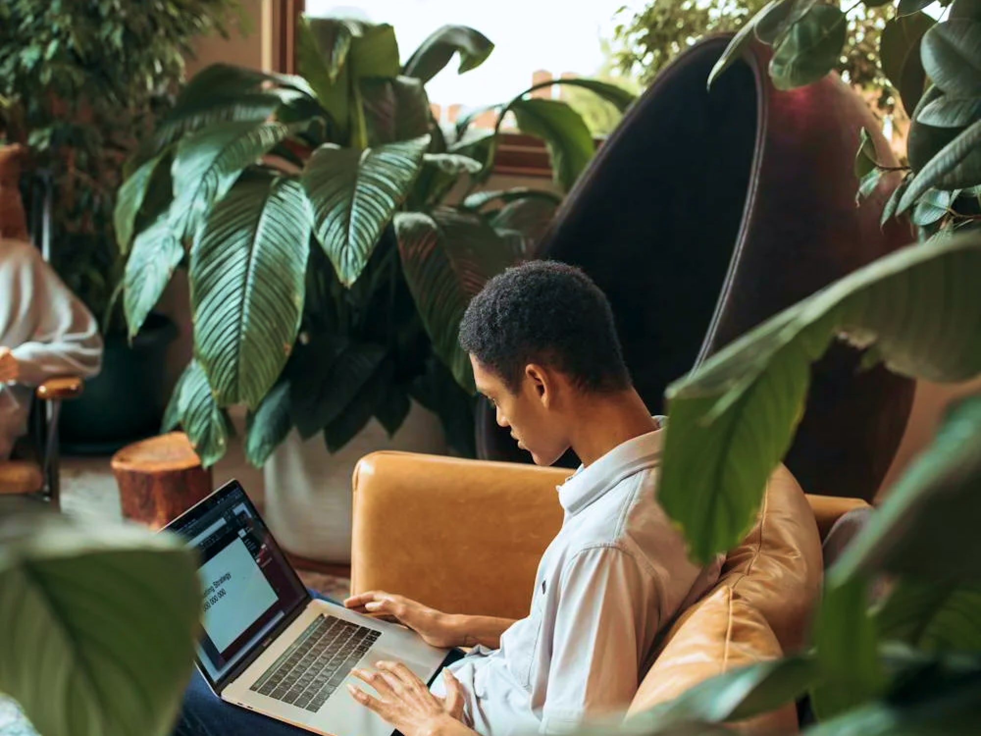 Young man using a laptop while sitting on a tan leather couch surrounded by large green plants in a cozy indoor space.