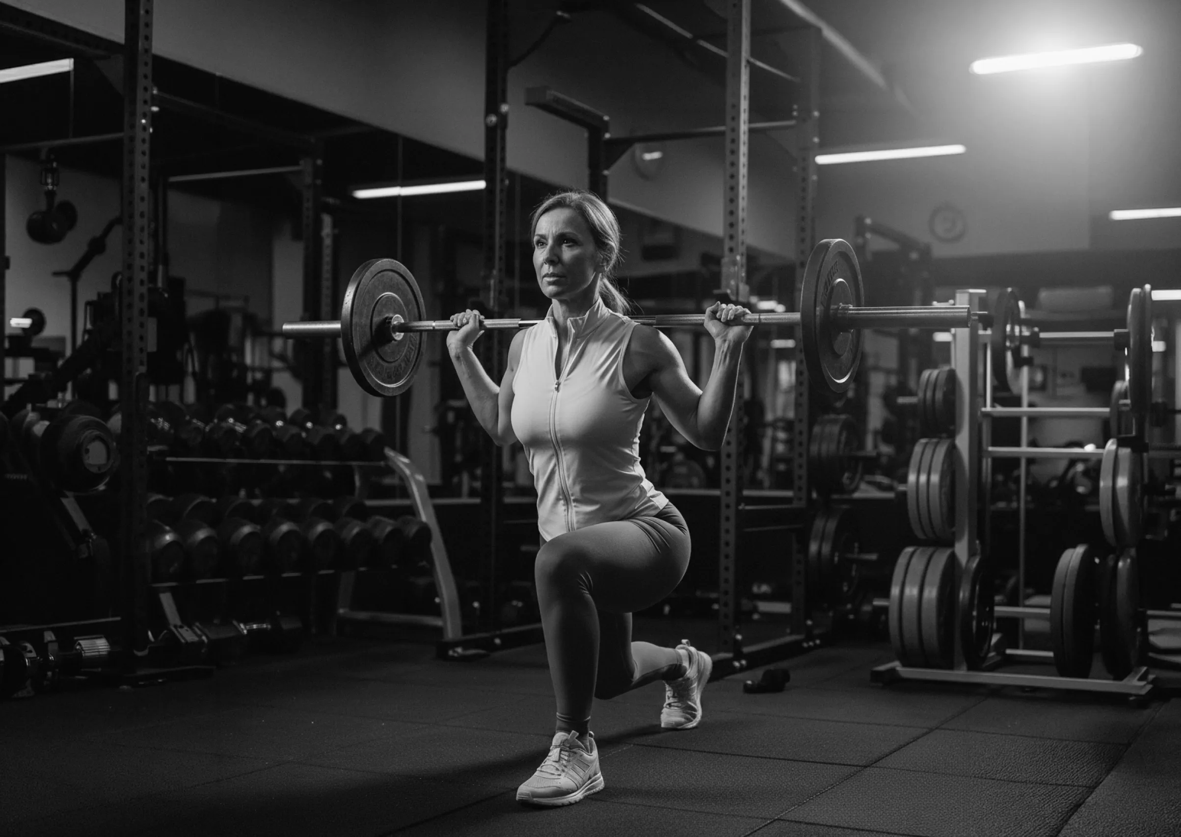 Woman performing weighted lunges with a barbell across her shoulders in a gym.