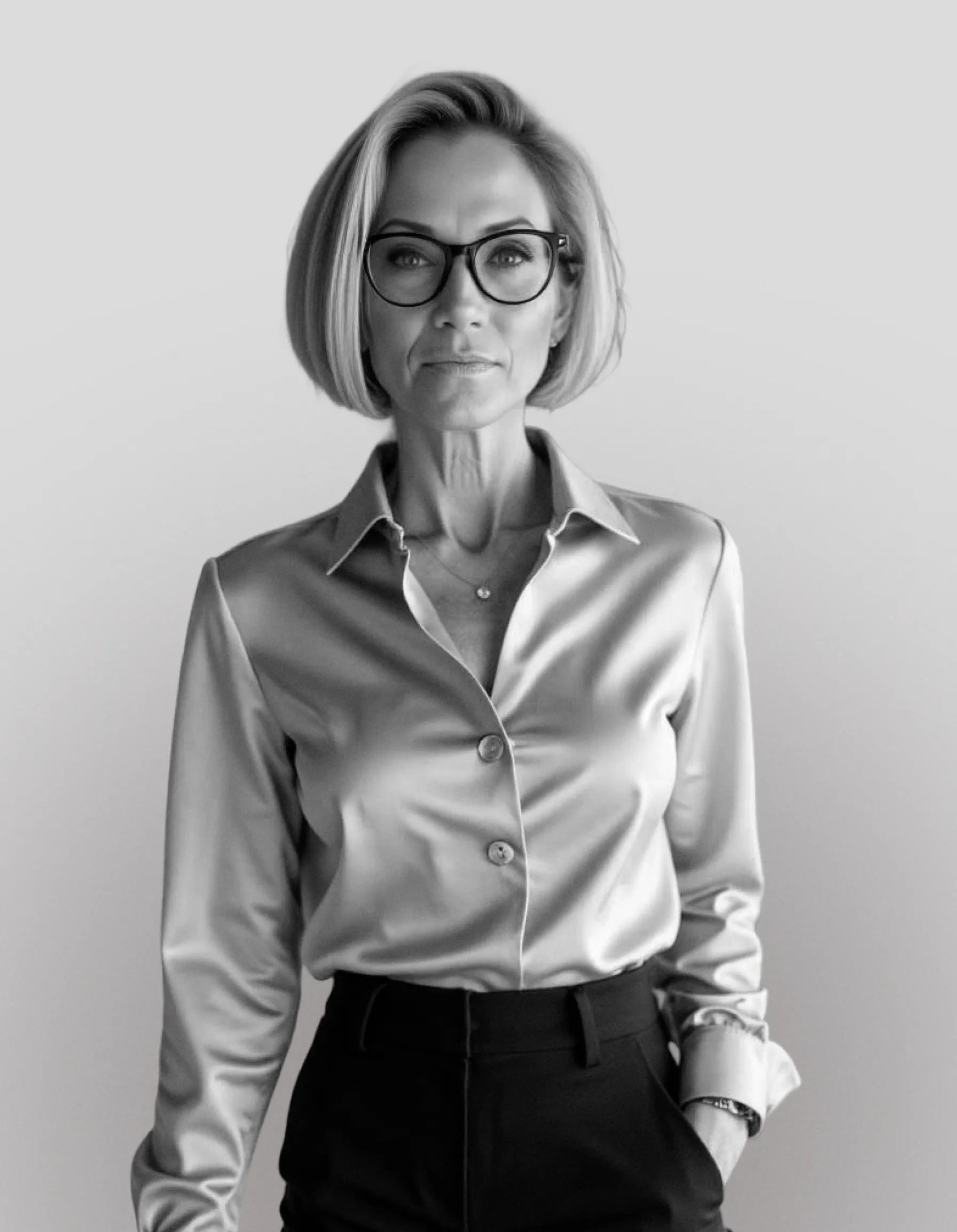 Confident woman with glasses wearing a satin blouse and dark high-waisted pants against a plain background.