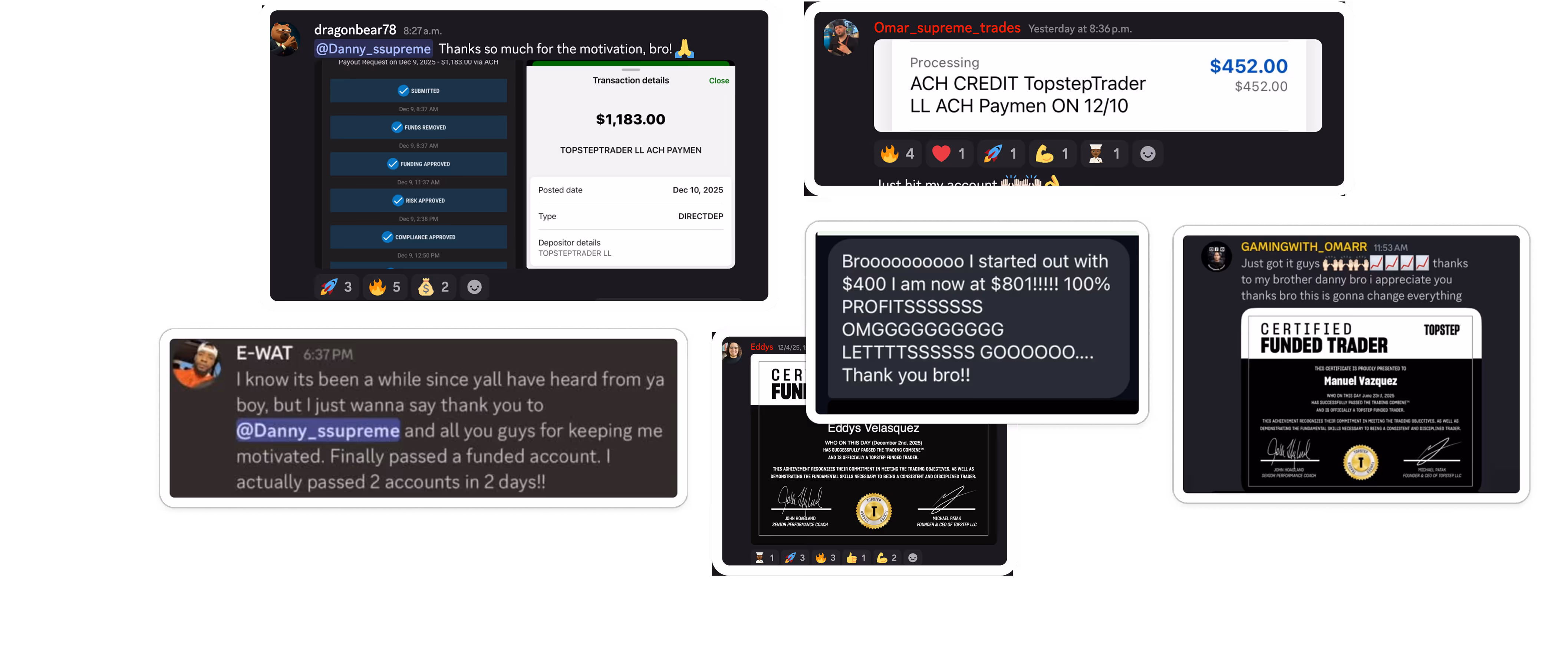 Collage of screenshots showing positive trading testimonials, including payment confirmations, profit growth messages, and certified funded trader certificates from Topstep Trader.