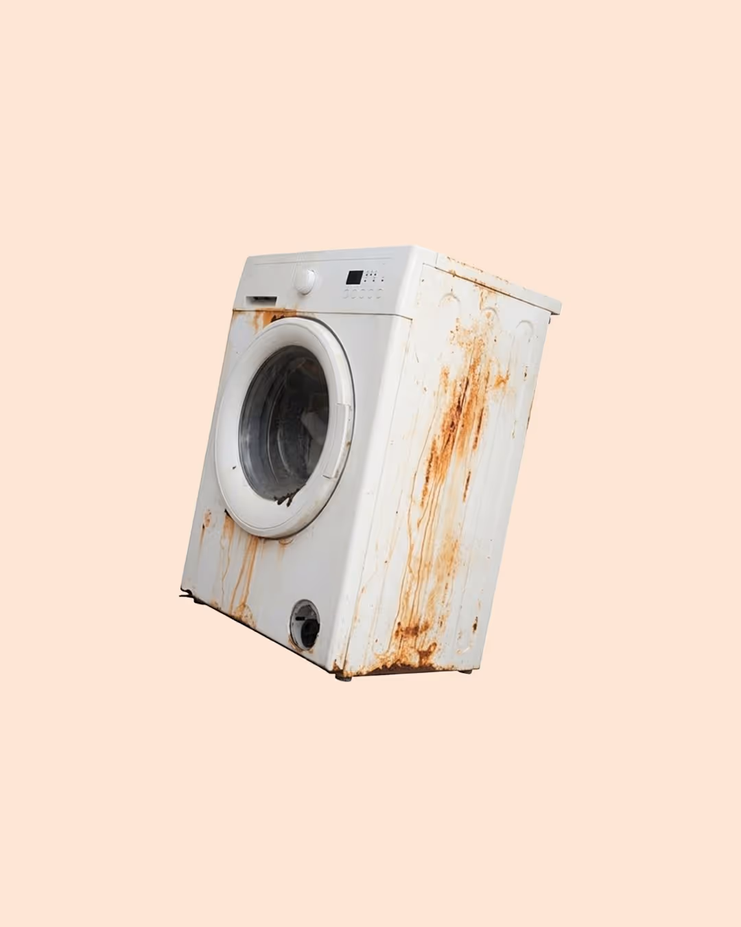 White front-loading washing machine with heavy rust stains on its side and front.