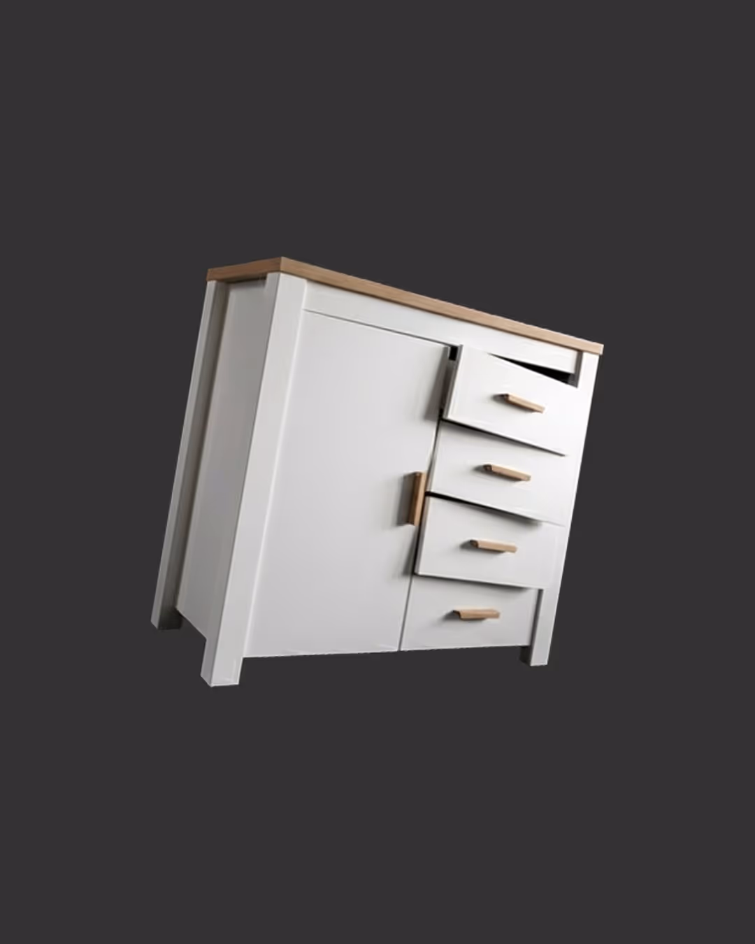 White wooden cabinet with four drawers on the right and a door on the left, featuring light brown handles and top.