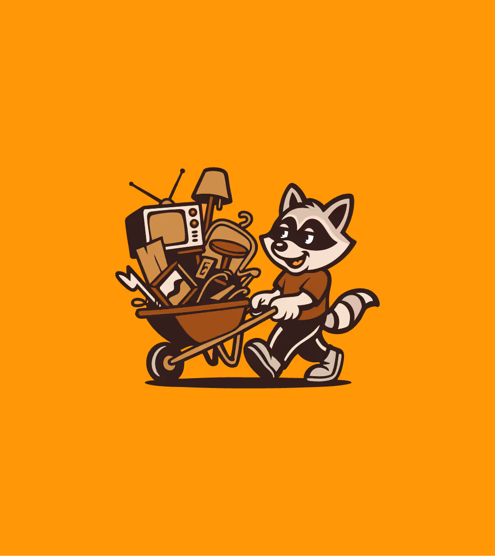 Raccoon mascot pushing a junk filled wheelbarrow 