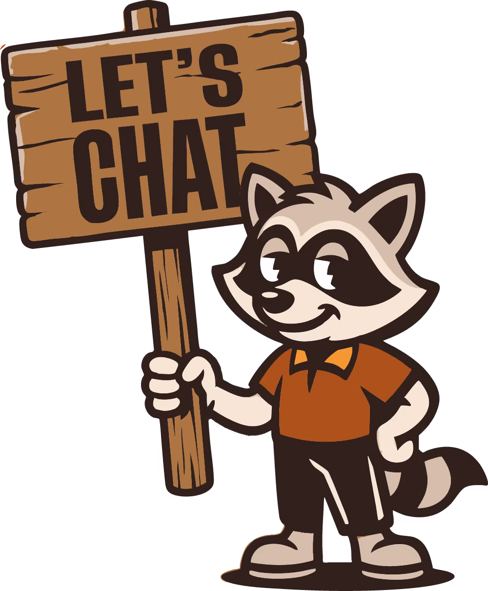 Raccoon mascot holding a sign which says let's chat