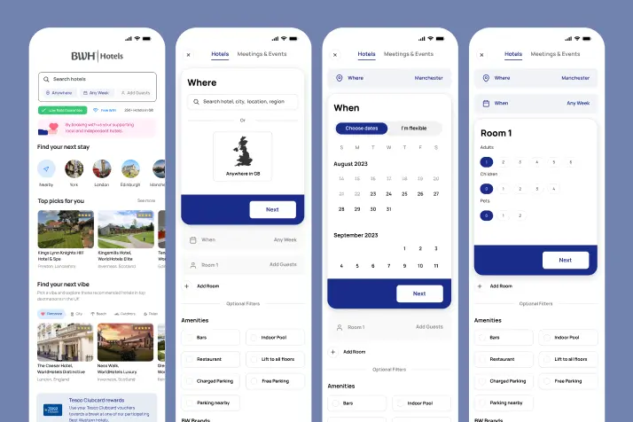 Four Best Western mobile phone wireframe mockups showing various stages of the digital journey. 