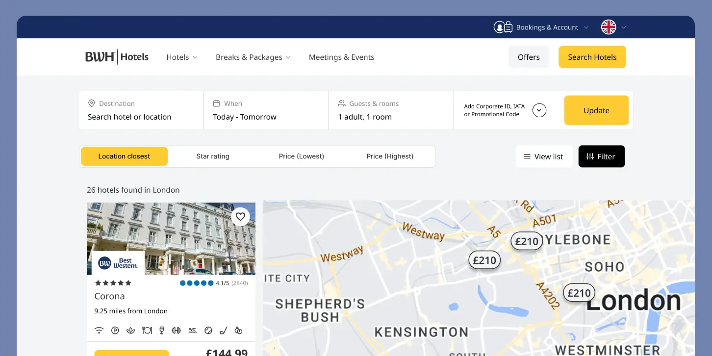 A digital mockup of the search results in Best Western's map search tool. 