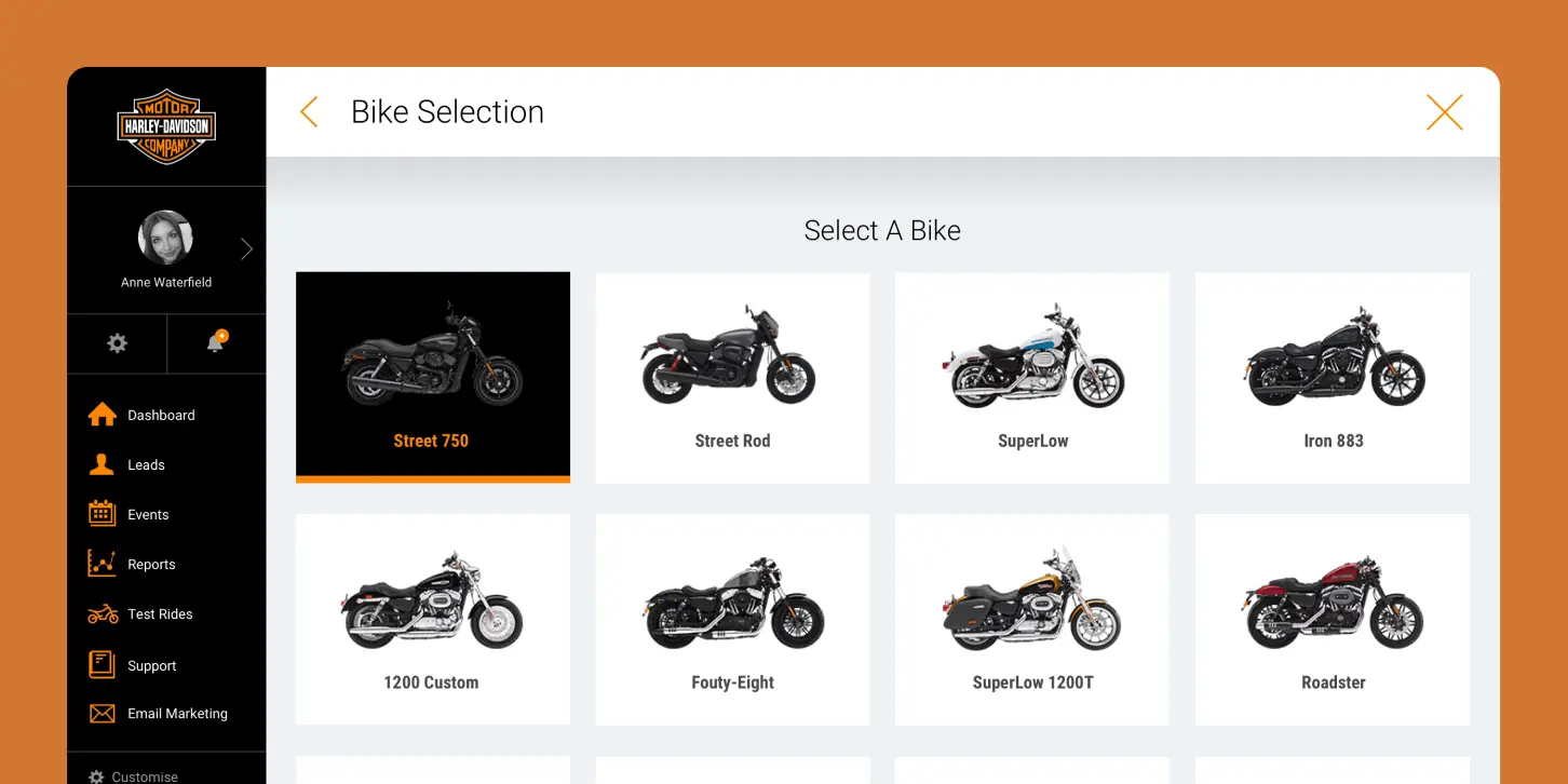 A digital mockup of the Harley Davidson bike selector screen when booking a test ride. The screen shows 8 different bike options. 
