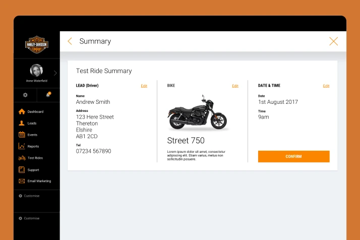 Harley Davidson digital booking screen for test rides. Shows a motorbike and fake customer details for a booking. 