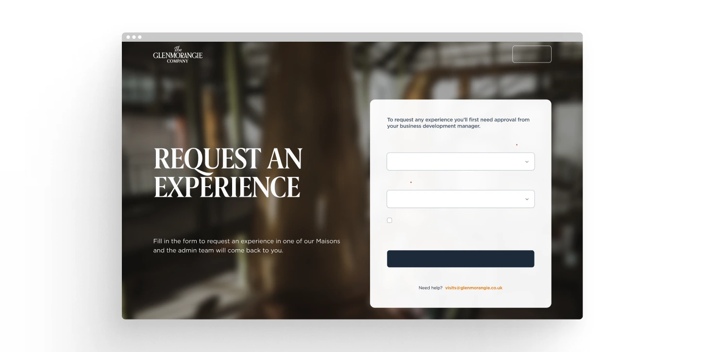 Confirmation screen on the Glenmorangie experience booking platform showing request successfully sent.