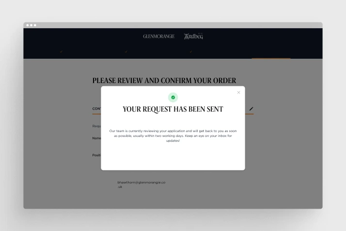 Confirmation screen on the Glenmorangie experience booking platform showing request successfully sent.