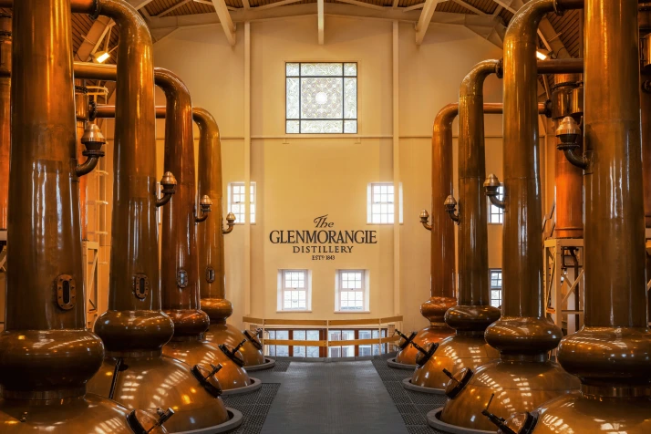Interior of the Glenmorangie distillery showing copper stills inside the production hall.
