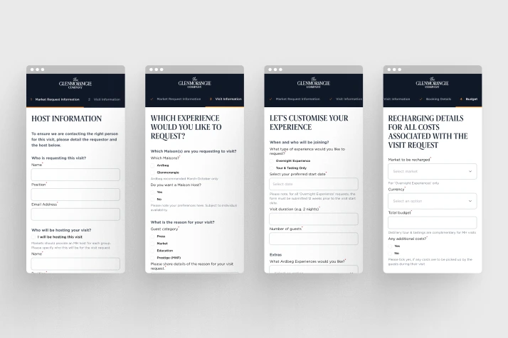 Multi-step booking forms on the Glenmorangie experience platform displayed across mobile screens.