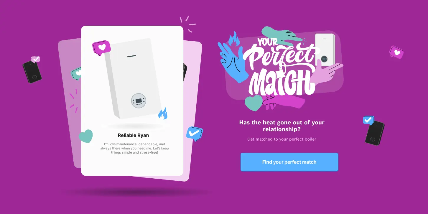 Illustrated boiler card from the Worcester Bosch Perfect Match tool, showing a personality-led product profile on a purple background.