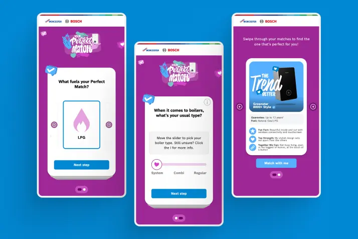 Mobile screens from the Perfect Match tool showing swipe-style questions and a personalised boiler recommendation.