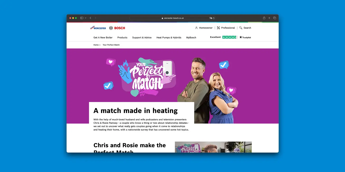 Worcester Bosch Perfect Match campaign page displayed on desktop, featuring the dating-style concept and lifestyle-led messaging.