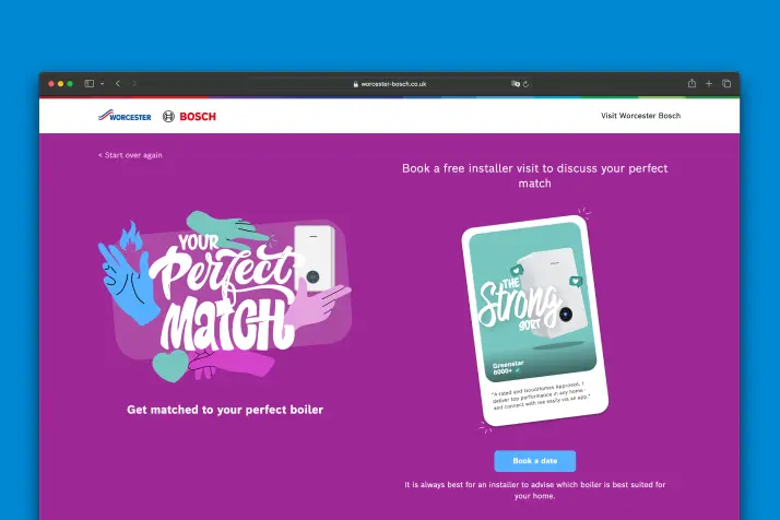 End screen of the Perfect Match journey showing a recommended boiler and a call to book an installer visit.