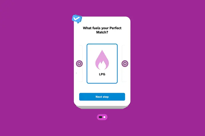 Mobile interface asking users what fuels their Perfect Match, with LPG selected as an option.