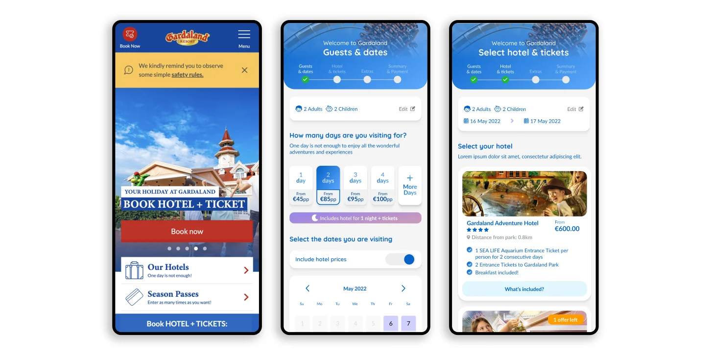 Mobile booking journey screens for Gardaland showing hotel and ticket selection steps on a smartphone interface.