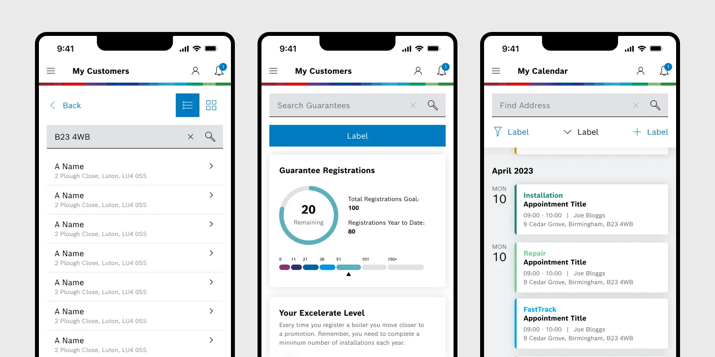 Mobile app screens showing customer list with search, guarantee registrations progress, and calendar appointments for installation, repair, and FastTrack.
