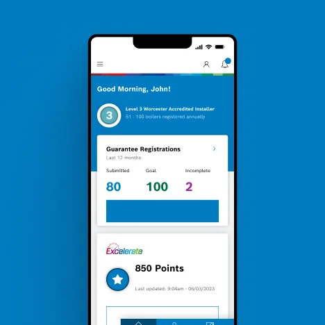 Smartphone screen showing Worcester Accredited Installer app dashboard with user greeting, guarantee registrations stats, and 850 points earned.