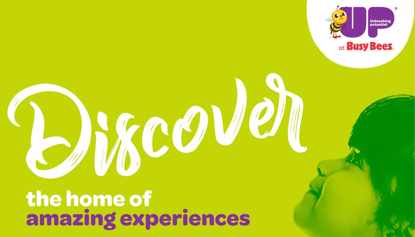 Side profile of a smiling child looking up with text reading Discover the home of amazing experiences on a green background.