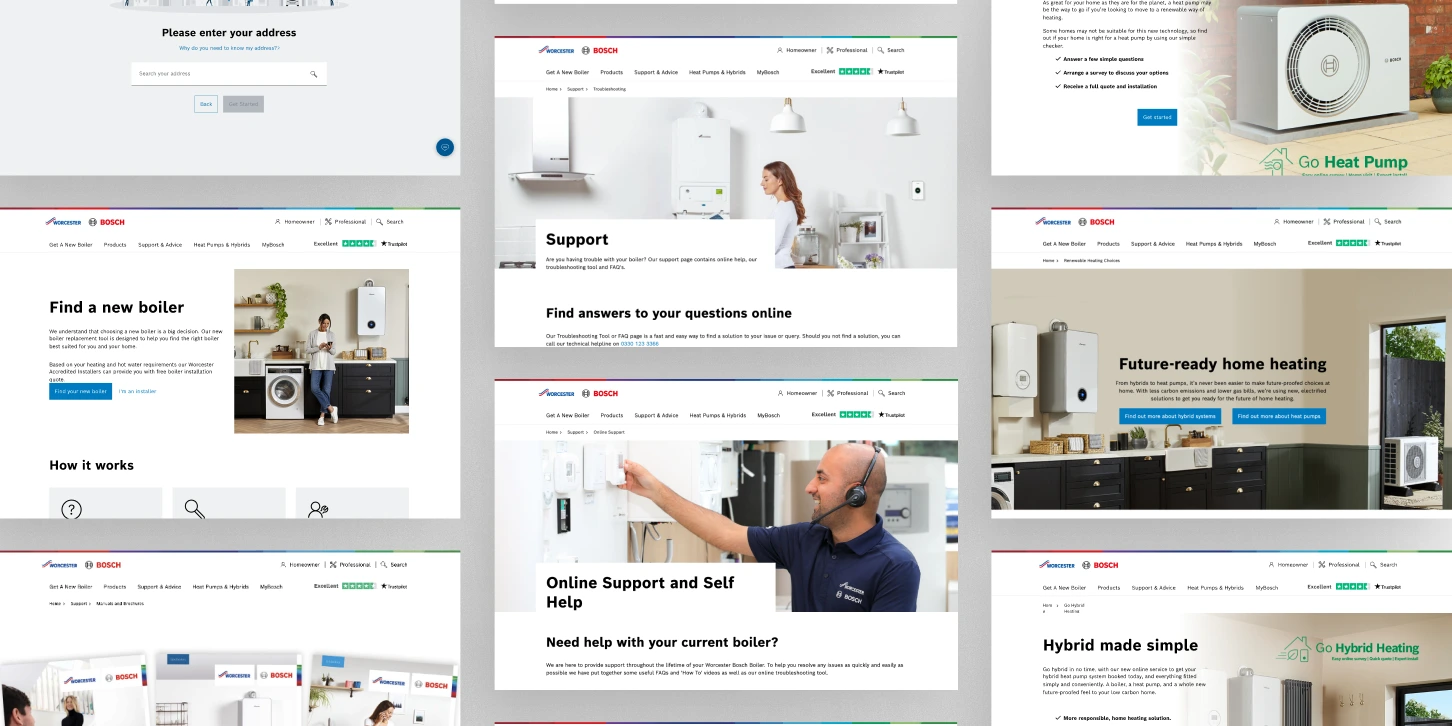 Collage of Worcester Bosch website pages showing boiler product options, support, and heating solutions including heat pumps and hybrid systems.