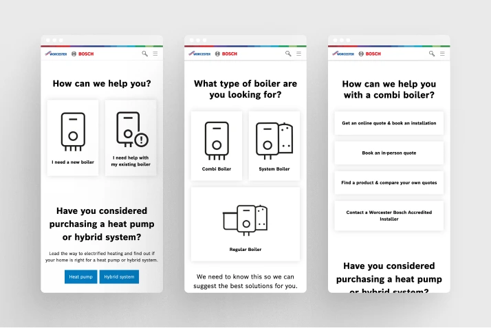 Three mobile screens from Worcester Bosch showing a boiler purchase journey: choose help with a new or existing boiler, select boiler type, and options for help with a combi boiler.