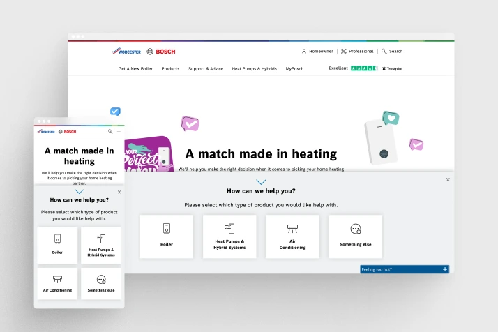 Worcester Bosch website displaying a product selection interface with options for Boiler, Heat Pumps & Hybrid Systems, Air Conditioning, and Something else under the heading 'A match made in heating.'