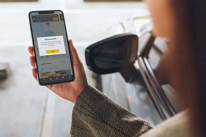 Person holding a smartphone displaying a payment success message near a parked car's side mirror.