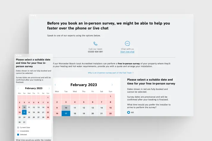 Online booking interface for Worcester Bosch free in-person survey in February 2023 showing calendar with unavailable dates in red and selected date in blue, plus contact options for phone and live chat.