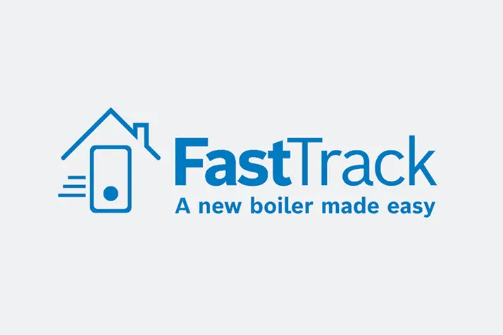Blue FastTrack logo with house and boiler icon, slogan 'A new boiler made easy'.