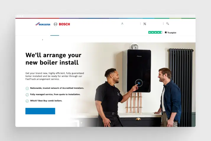 Two men standing near a wall-mounted boiler, with text offering efficient boiler installation service by accredited installers.