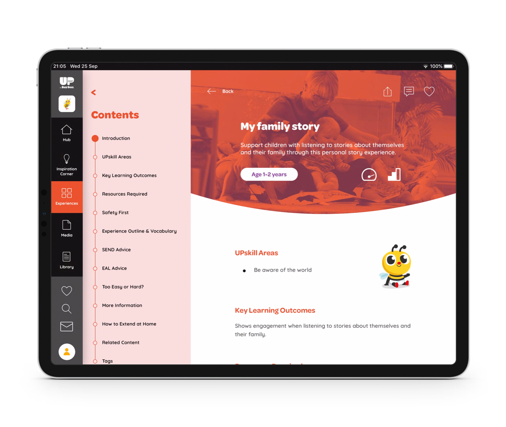 A screenshot of the Busy Bees platform showing an educational activity called 'My family story' on a tablet