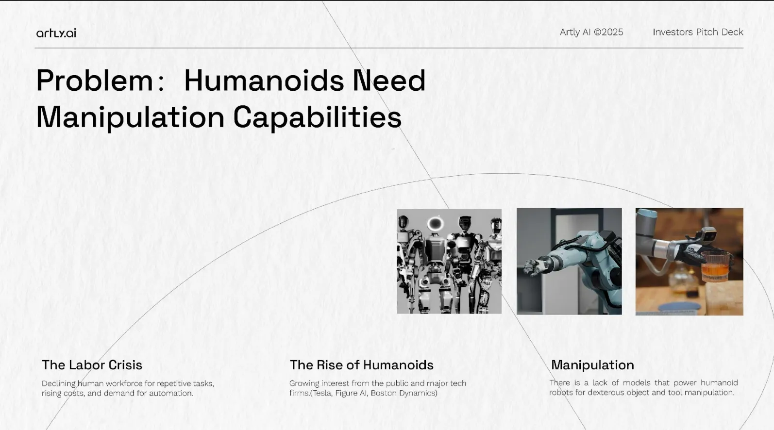 Artly investor pitch deck slide: humanoids need manipulation capabilities.