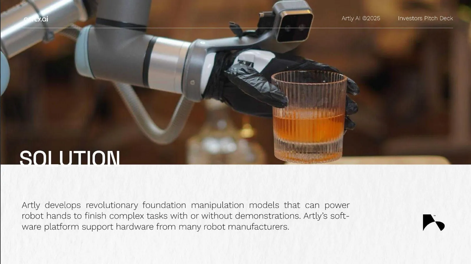 Artly investor pitch deck slide: robot hand delicately holding a cocktail glass.