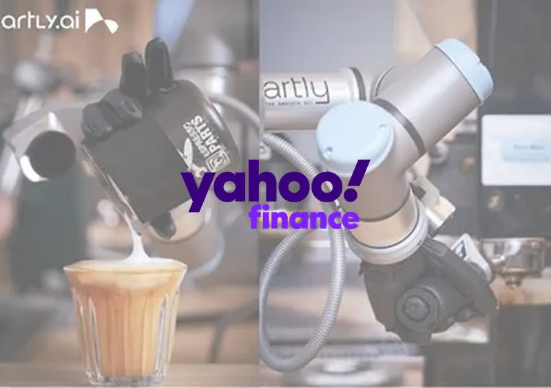 Artly robot barista pouring latte art, featured in Yahoo Finance press coverage.