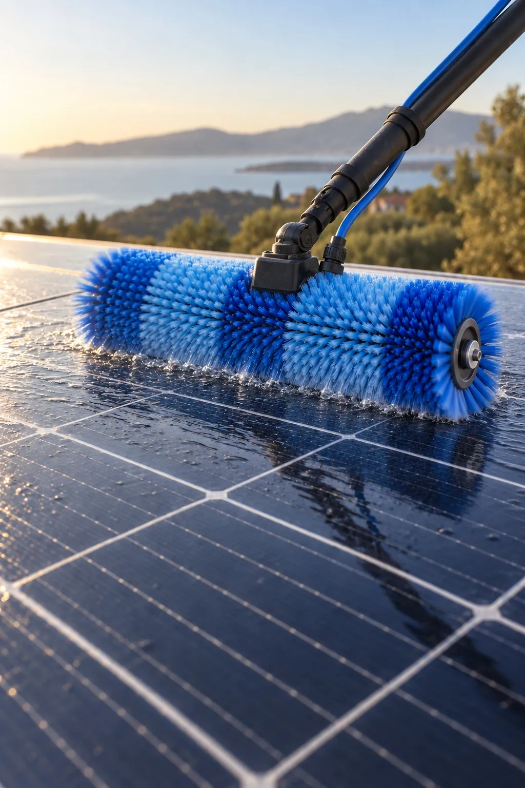 Illustration of a professional cylindrical rotating brush cleaning a solar panel with water.