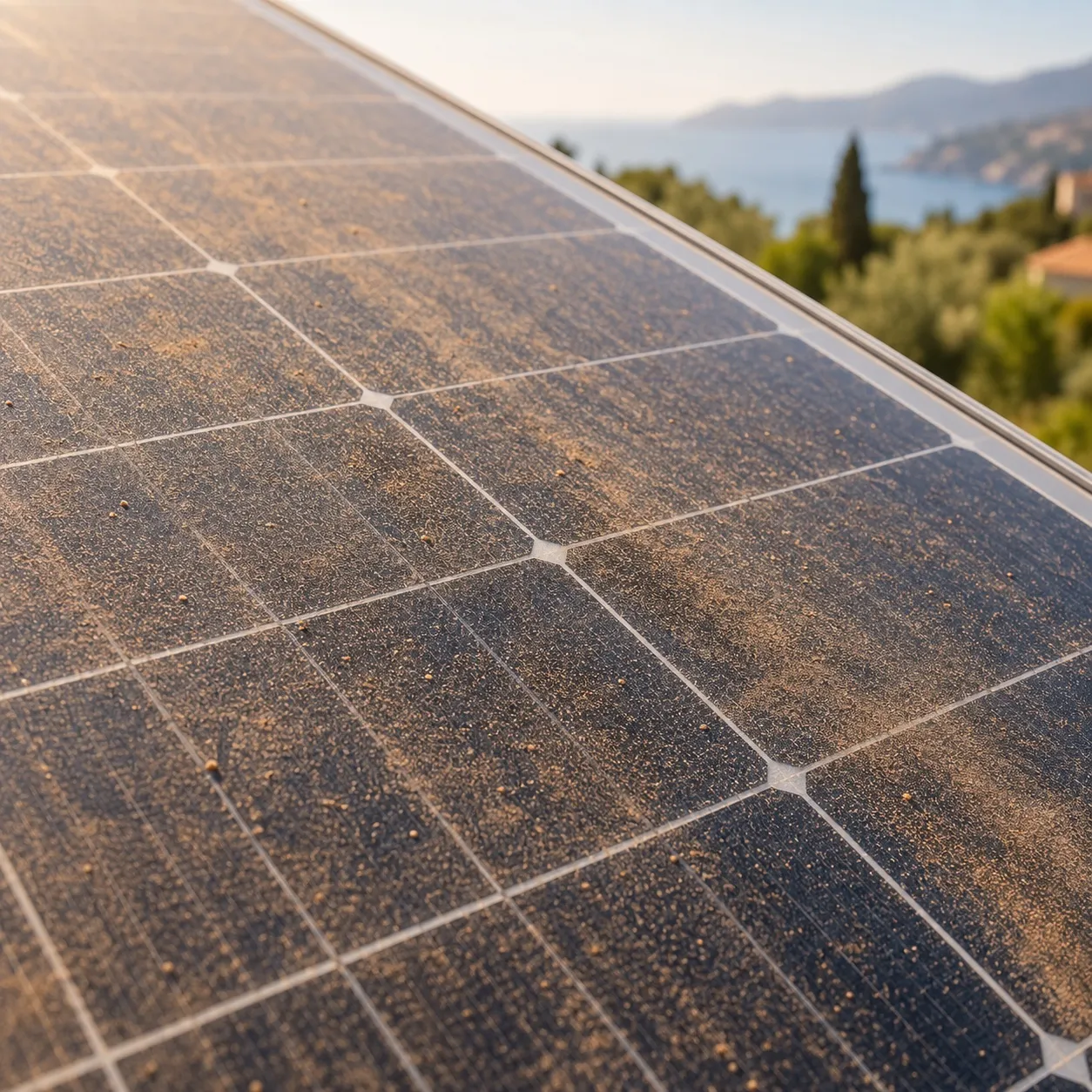 Illustration of dust deposits on a solar panel.