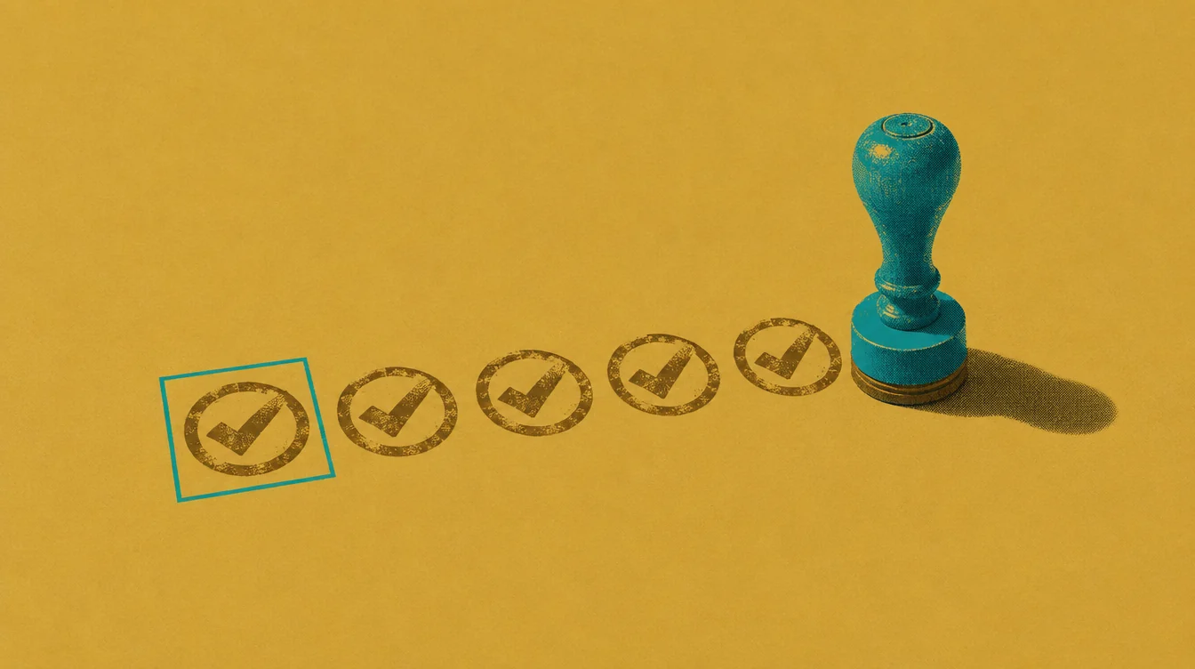Five stamped checkmarks in a row, the first one framed in teal, beside a rubber stamp