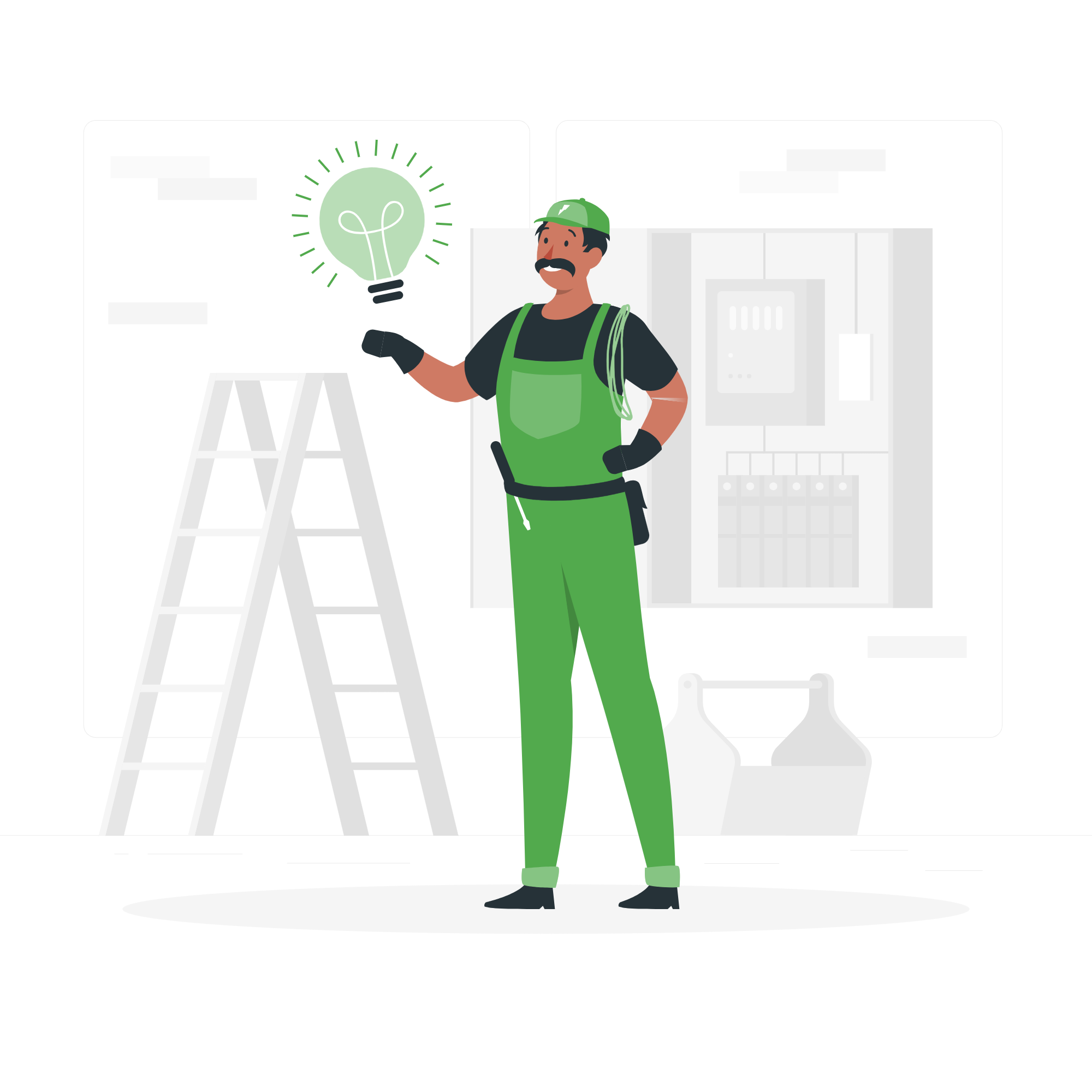 Electrician in green overalls holding a glowing green light bulb, standing next to a ladder and electrical panel.