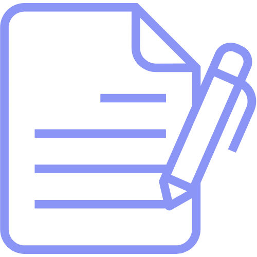 Icon of a document with text lines and a pen writing on it.