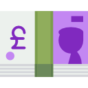 British pound currency note with abstract purple and green graphic design