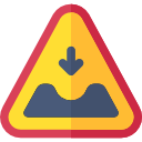 Yellow warning sign with blue mountain and downward arrow indicating caution