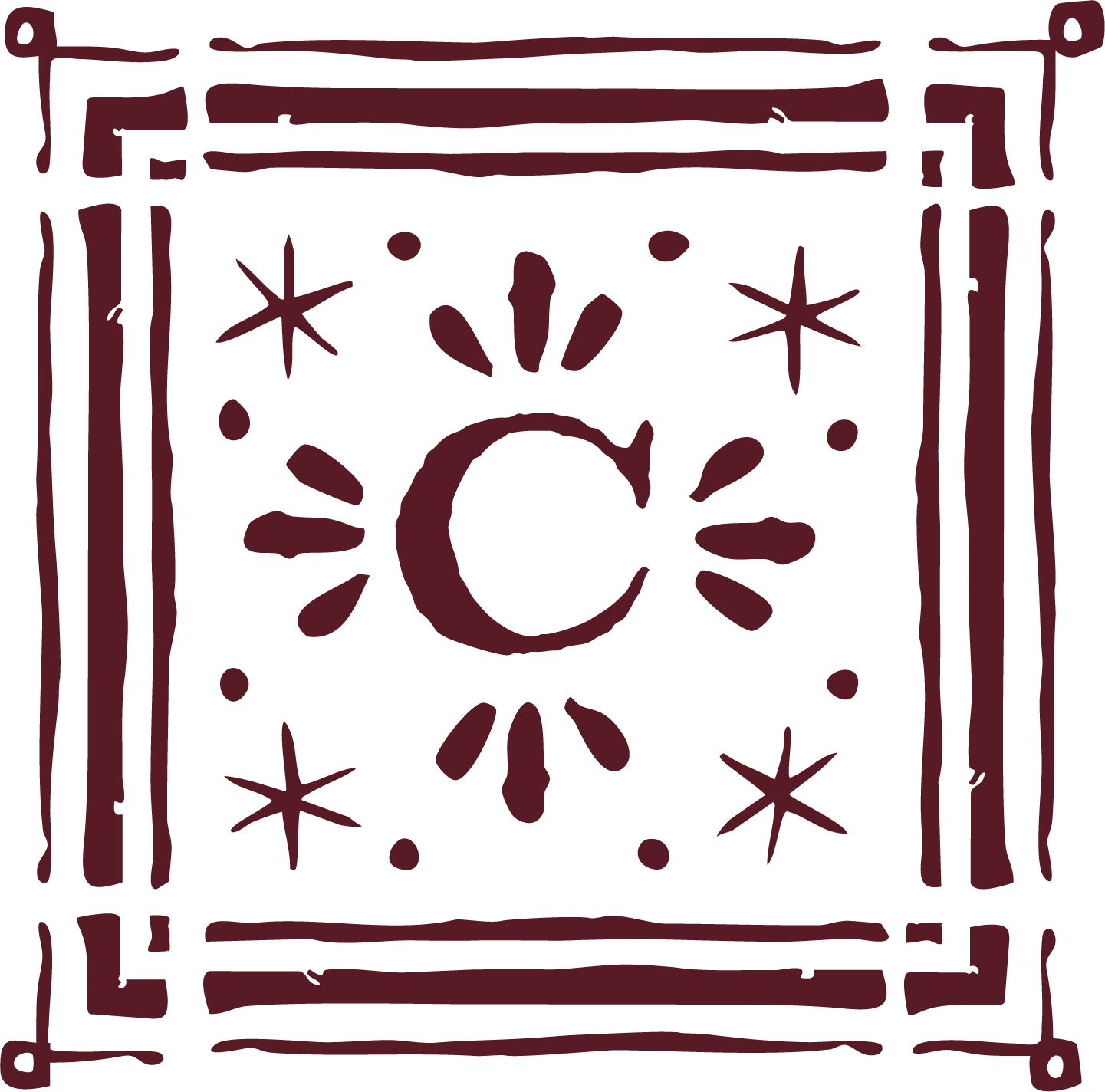 Decorative square frame with a stylized letter C surrounded by star and dot patterns in dark red.