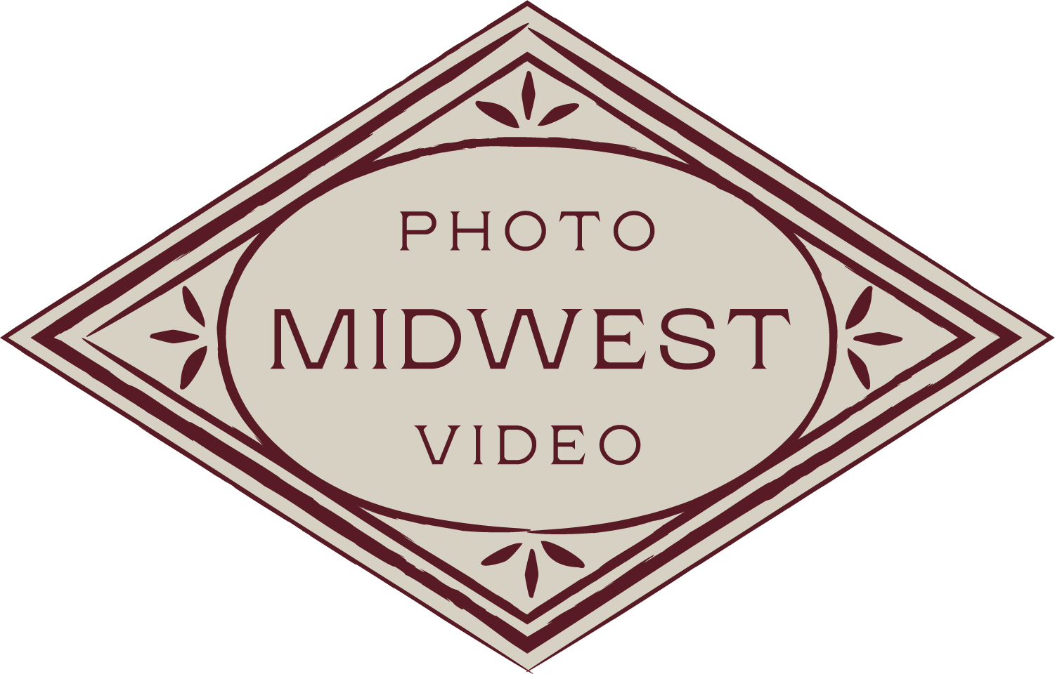 Diamond-shaped badge logo with the words 'Midwest Photo Video' in burgundy on a beige background.