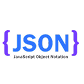 Blue text highlighting JSON acronym with curly braces on both sides.