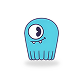 Blue one-eyed cartoon monster with a smiling mouth and small arms.